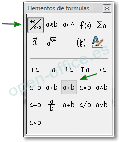 Seleccionando el símbolo Multiplicación en OpenOffice Math