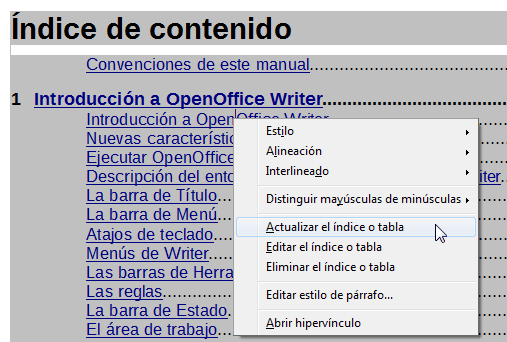 Actualizar un índice o tabla en OpenOffice Writer