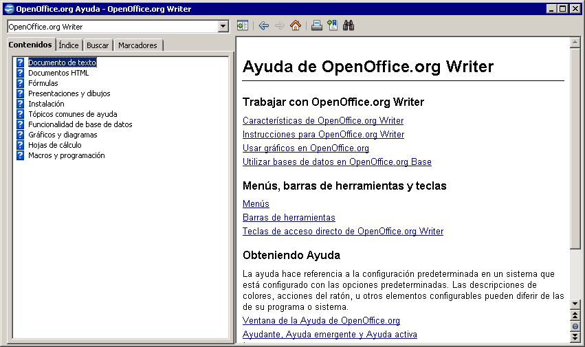 El área de navegación de la ventana de Ayuda - Manual de OpenOffice