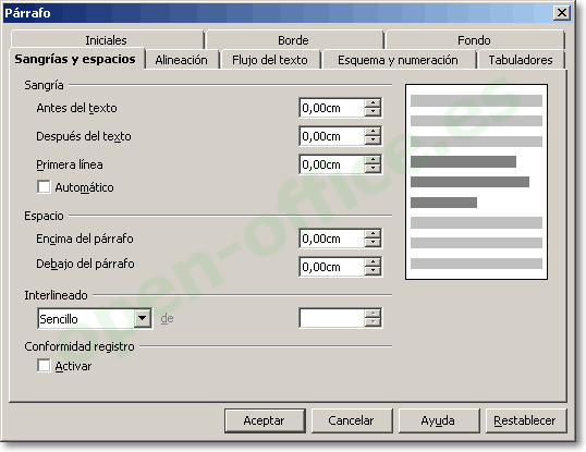 La pestaña Sangrías y Espacios - Manual de OpenOffice Writer