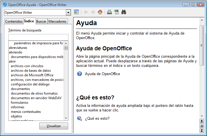 La ventana de Ayuda - Manual de OpenOffice