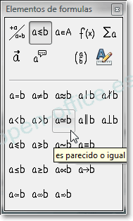 Tras activar la categoría Relaciones podemos seleccionar el símbolo deseado en OpenOffice Math
