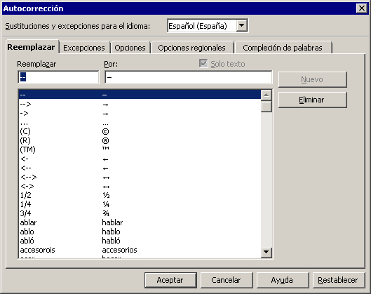 Pestaña Reemplazar del diálogo Opciones de autocorrección con la lista de sustituciones de texto, como (C) por © y 1/2 por ½