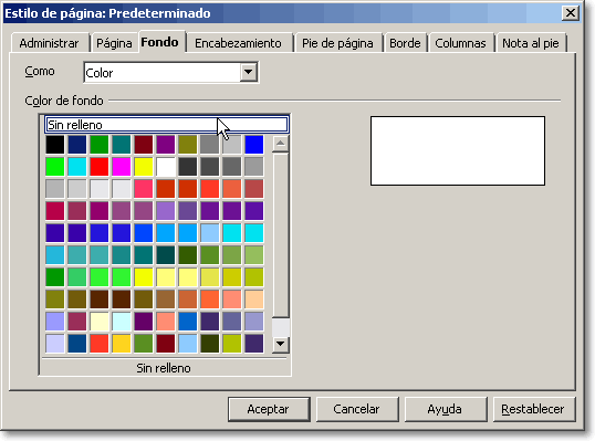 Ficha Fondo del estilo de página con la opción Color y la paleta de colores desplegada