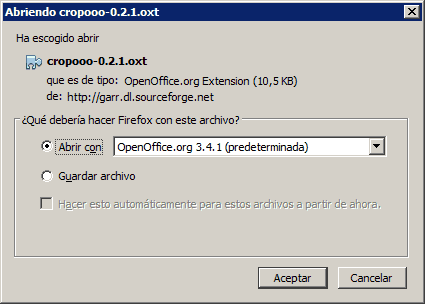 Aviso de Firefox para abrir cropooo-0.2.1.oxt con OpenOffice.org, con las opciones Abrir con y Guardar archivo