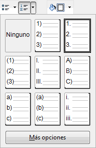 Lista de formatos de numeración de la barra lateral: Ninguno, 1) 2) 3), 1. 2. 3., (1) (2) (3), I. II. III., A) B) C) y otros, con Más opciones