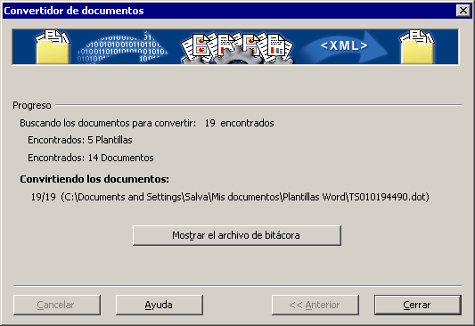 Progreso del Convertidor de documentos terminado, 19 de 19, con el botón Mostrar el archivo de bitácora y el botón Cerrar