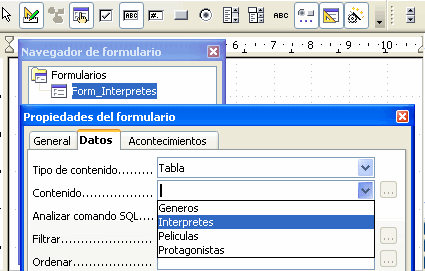 Propiedades del formulario, pestaña Datos, con el tipo de contenido Tabla y la tabla Interpretes en la lista