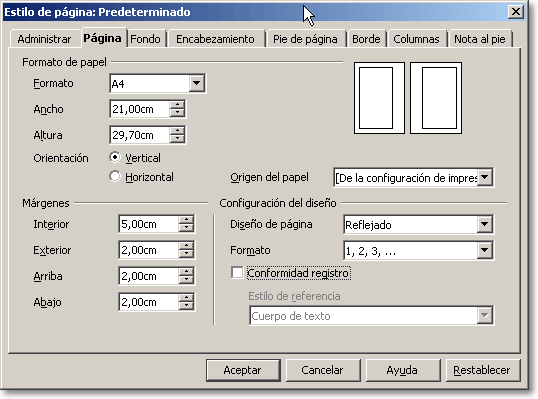 Diálogo Estilo de página, pestaña Página, con diseño Reflejado, margen interior de 5 cm y exterior, superior e inferior de 2 cm