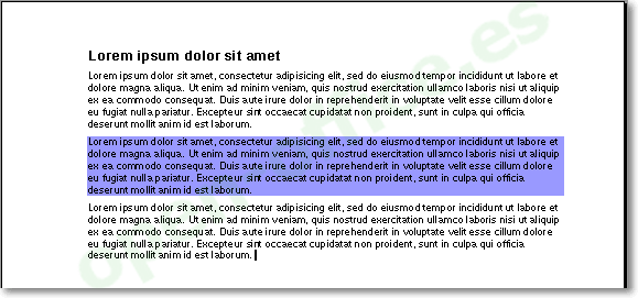 Documento de Writer con un párrafo con fondo azul entre dos párrafos de texto Lorem ipsum