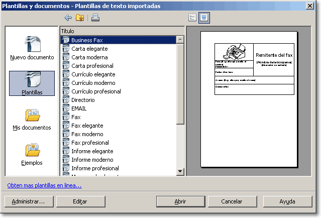 Diálogo Plantillas y documentos con la carpeta Plantillas de texto importadas, la lista de plantillas y la vista previa de Business Fax
