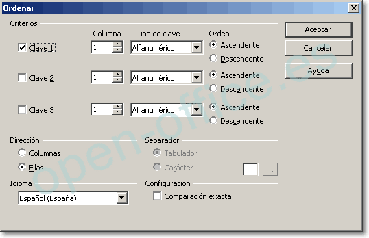 Diálogo Ordenar con la Clave 1 en la columna 1, tipo Alfanumérico, orden Ascendente y dirección Filas