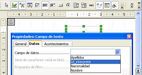 Propiedades del campo de texto, pestaña Datos, con el campo de datos Id_Interprete seleccionado