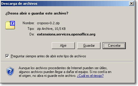 Aviso de Internet Explorer para abrir o guardar el archivo cropooo-0.2.zip