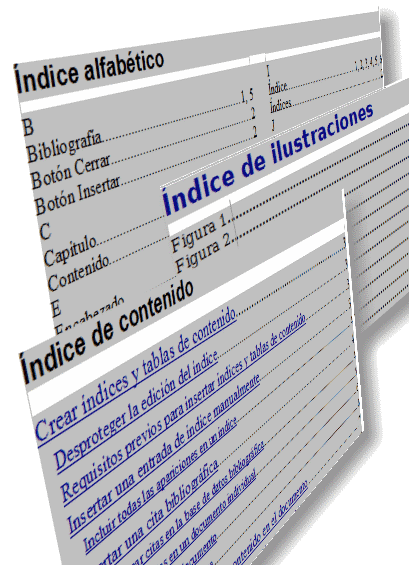 Ilustración en perspectiva de un índice alfabético, un índice de ilustraciones y un índice de contenido