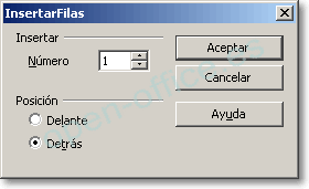 Diálogo Insertar filas de Writer con número 1 y posición Detrás