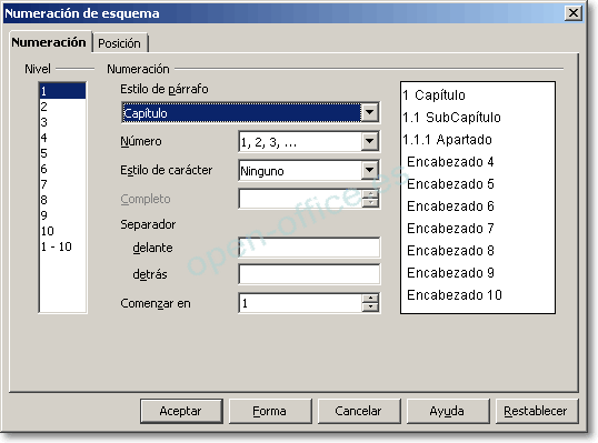 Diálogo Esquema de numeración, ficha Numeración, con el nivel 1 asociado al estilo de párrafo Capítulo