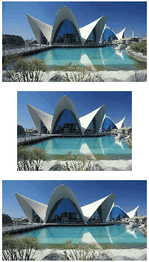 Tres versiones de la fotografía de un edificio blanco junto a una piscina: la imagen completa y dos recortes distintos
