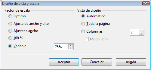 Diálogo Diseño de vista y escala con el factor de escala Variable al 75 % y la vista de diseño Automático