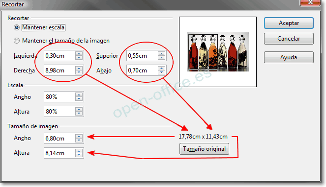 Diálogo Recortar de Draw con los valores de corte izquierdo, derecho, superior e inferior, la escala y el tamaño de la imagen resultante