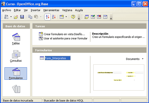 Ventana de OpenOffice Base con el formulario Form_Interpretes en la lista de formularios