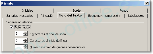 Diálogo Párrafo, pestaña Flujo del texto, con la separación silábica automática activada y los caracteres al final y al inicio de línea