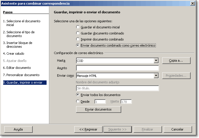 Asistente para combinar correspondencia, paso 8, con la opción Enviar documento combinado como correo electrónico