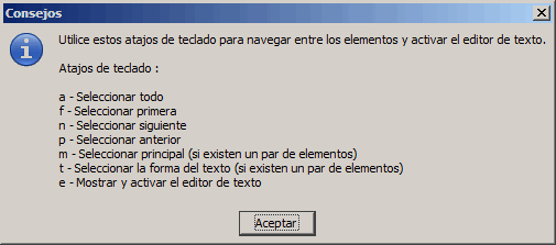 Ventana de consejos con los atajos de teclado de SmART: a todo, f primera, n siguiente, p anterior, m principal, t forma del texto y e editor de texto