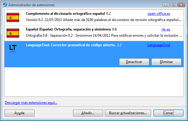 Administrador de extensiones con LanguageTool, corrector gramatical de código abierto 2.2, instalado junto a los diccionarios de español