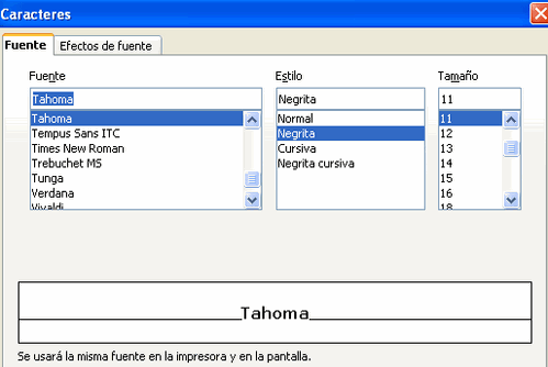 Diálogo de caracteres con la fuente Tahoma, estilo Negrita y tamaño 11