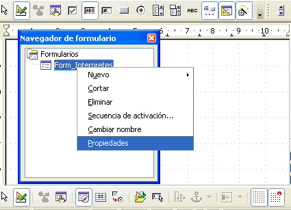 Menú contextual del formulario Form_Interpretes con la opción Propiedades seleccionada