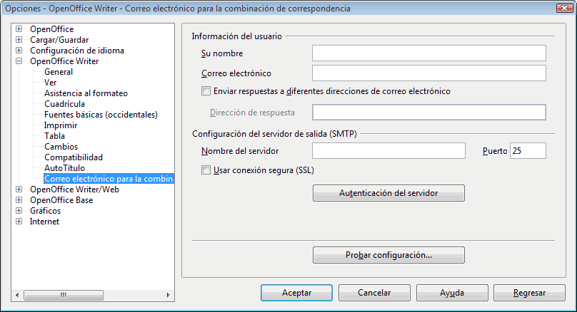 Opciones de OpenOffice Writer, apartado Correo electrónico para la combinación de correspondencia, con los datos del usuario y del servidor SMTP