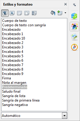 Panel Estilos y formateo de la barra lateral con la lista de estilos de párrafo: Cuerpo de texto, Encabezados, Firma, Nota al margen y otros