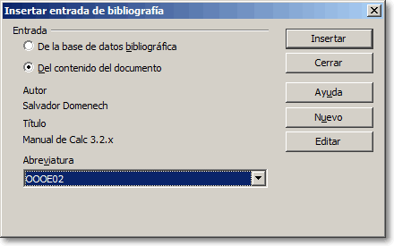 Diálogo Insertar entrada de bibliografía con la entrada OOOE02: autor Salvador Domenech y título Manual de Calc 3.2.x