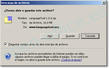 LanguageTool para OpenOffice Diálogo de descarga de LanguageTool-1.0.0.zip con los botones Abrir, Guardar y Cancelar