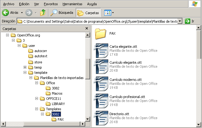 Explorador de Windows con la carpeta Plantillas de texto importadas de OpenOffice.org y las plantillas .ott convertidas