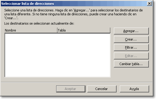 Diálogo Seleccionar lista de direcciones con los botones Agregar, Crear, Filtrar, Editar y Cambiar tabla