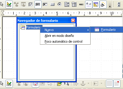 Navegador de formulario de Writer con el menú contextual Nuevo y la opción Formulario