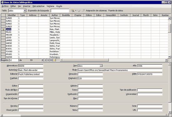 Ventana Base de datos bibliográfica de OpenOffice con la tabla de entradas y el formulario de datos de la entrada seleccionada