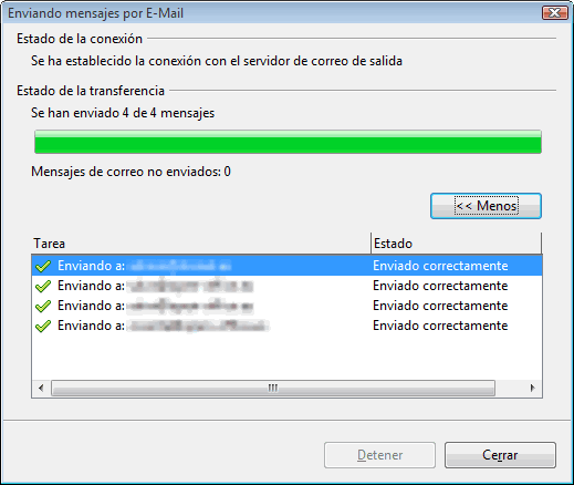 Diálogo de estado de la transferencia con el envío correcto de 4 de 4 mensajes de correo
