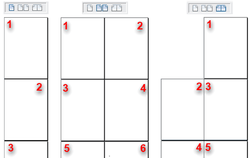 Tres disposiciones de página según el icono de vista: una columna, varias páginas en paralelo y páginas reflejadas a modo de libro