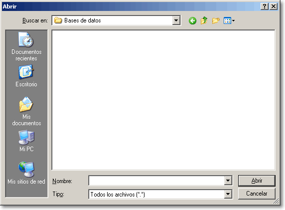 Diálogo Abrir para elegir la base de datos con la lista de direcciones, abierto en la carpeta Bases de datos