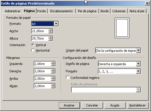 Diálogo Estilo de página: Predeterminado, pestaña Página, con formato A4, orientación vertical, márgenes de 2 cm y diseño Derecha e izquierda