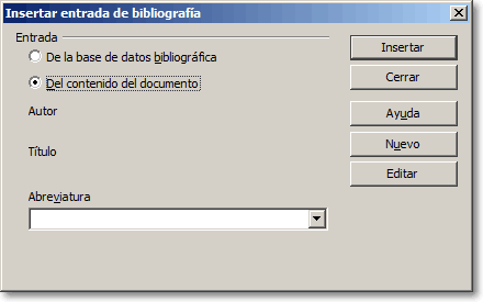 Diálogo Insertar entrada de bibliografía con la opción Del contenido del documento y los campos Autor, Título y Abreviatura vacíos