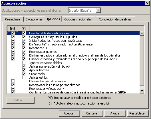 Pestaña Opciones del diálogo Opciones de autocorrección con la lista de casillas de comportamiento automático de Writer
