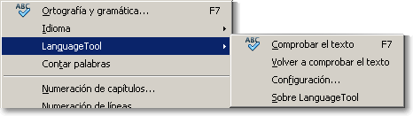 Menú Herramientas de Writer con LanguageTool y su submenú: Comprobar el texto, Volver a comprobar, Configuración y Sobre LanguageTool
