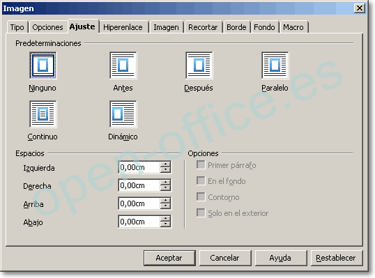 Ficha Ajuste de las propiedades de la imagen con las predeterminaciones, los espacios y las opciones