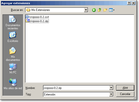 Diálogo Añadir extensiones con los archivos cropooo-0.2.oxt y cropooo-0.2.zip en la carpeta Mis Extensiones