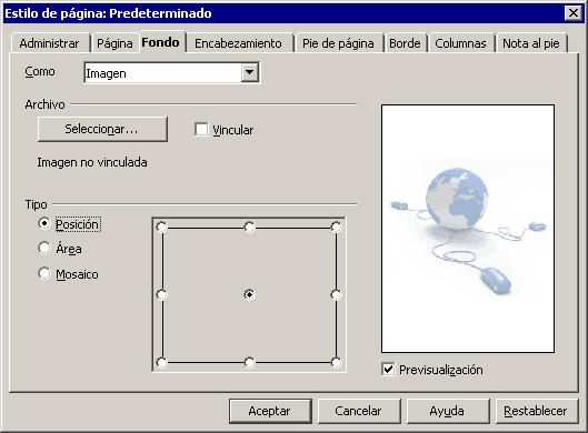Ficha Fondo del estilo de página con la opción Imagen y el tipo Posición seleccionado, con vista previa de la imagen