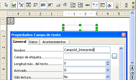 Propiedades del campo de texto, pestaña General, con el nombre CampoId_Interprete